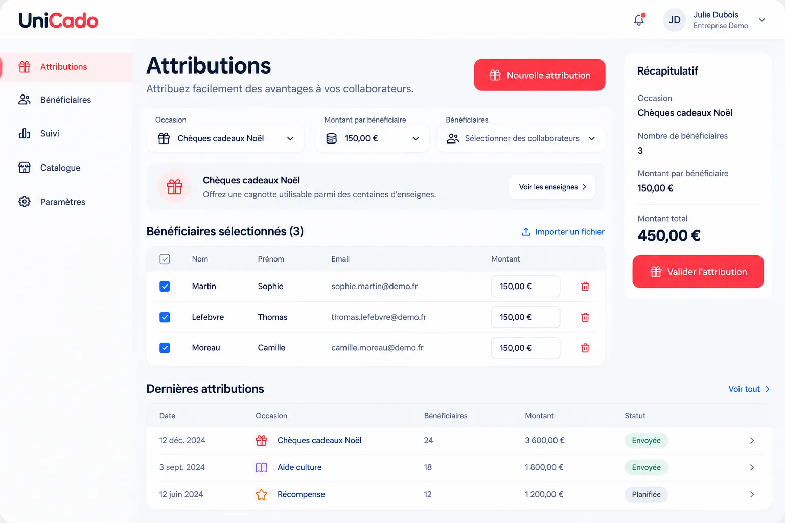 Attribution : le récapitulatif et la validation