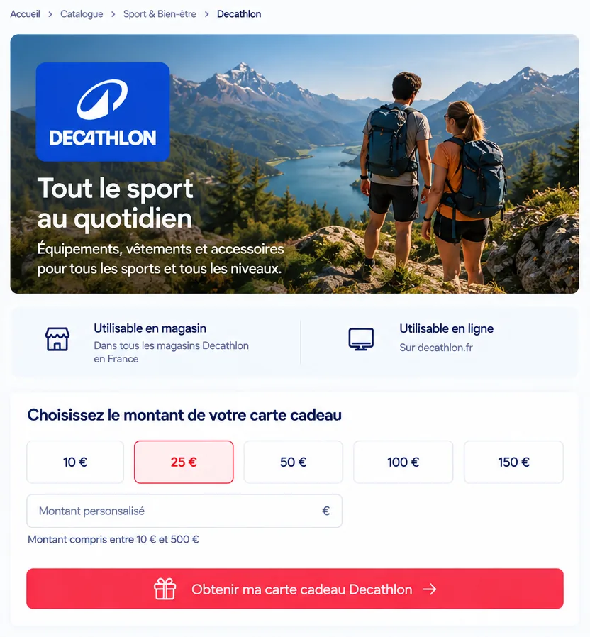 Fiche Decathlon dans UniCado : utilisable en magasin et en ligne, choix du montant de la carte